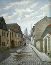 unknow artist A street in Czech town Vysoke Myto with Smekals  bakery